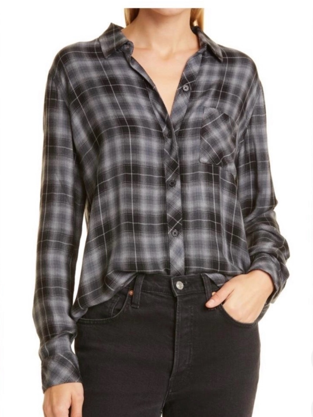 Rails Hunter Style Black Gray Ombre Plaid Long Sleeve Button Up Shirt Small